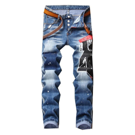 New Men jeans stretch printed ripped skinny jeans