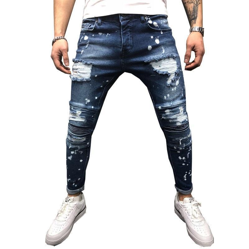 Men Jeans Stretch Destroyed Ripped Paint