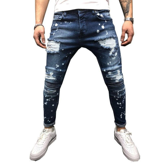 Men Jeans Stretch Destroyed Ripped Paint