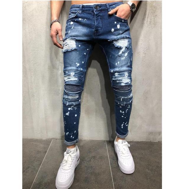 Men Stylish Ripped Jeans Pants Biker Slim