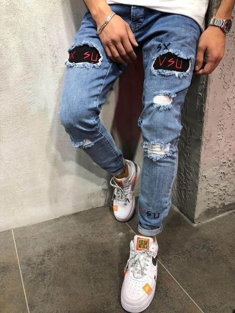 Men Stylish Ripped Jeans Pants Biker Slim