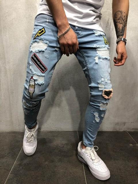 Men Stylish Ripped Jeans Pants Biker Slim