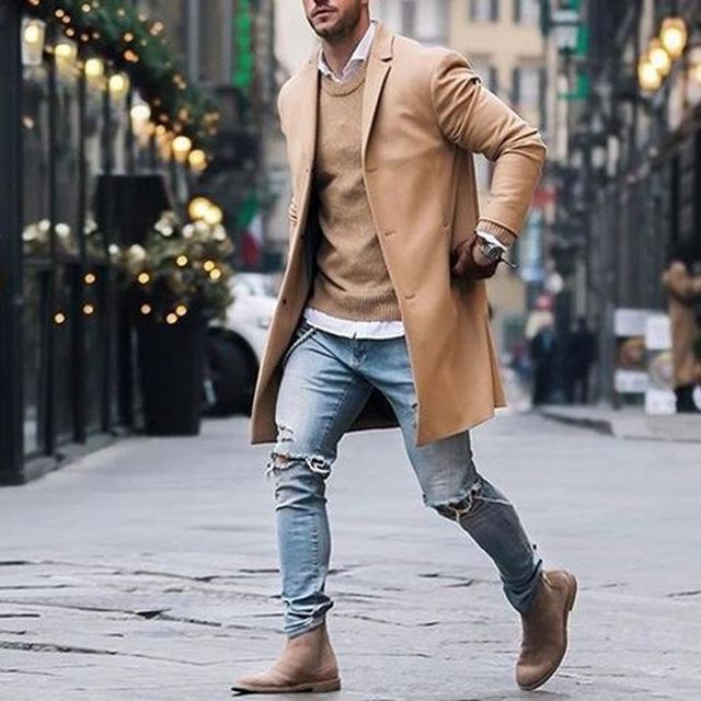 New Men Trench Coat Autumn Slim Fit Pea