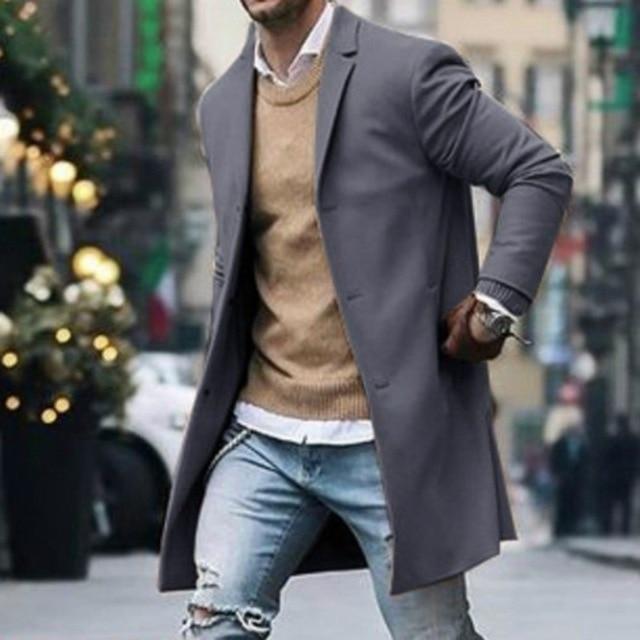 New Men Trench Coat Autumn Slim Fit Pea